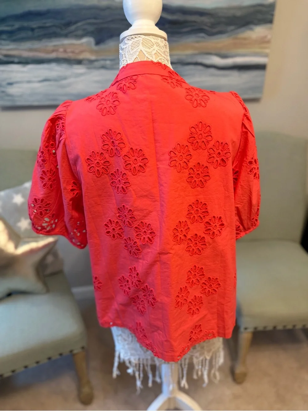 Lilly Pulitzer Coral Red Eyelet Puff Sleeve Blouse